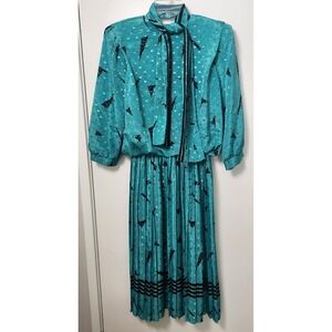Vintage REO Green Geometric Blouson Pleated Knee Length Long Sleeve Dress 12 USA